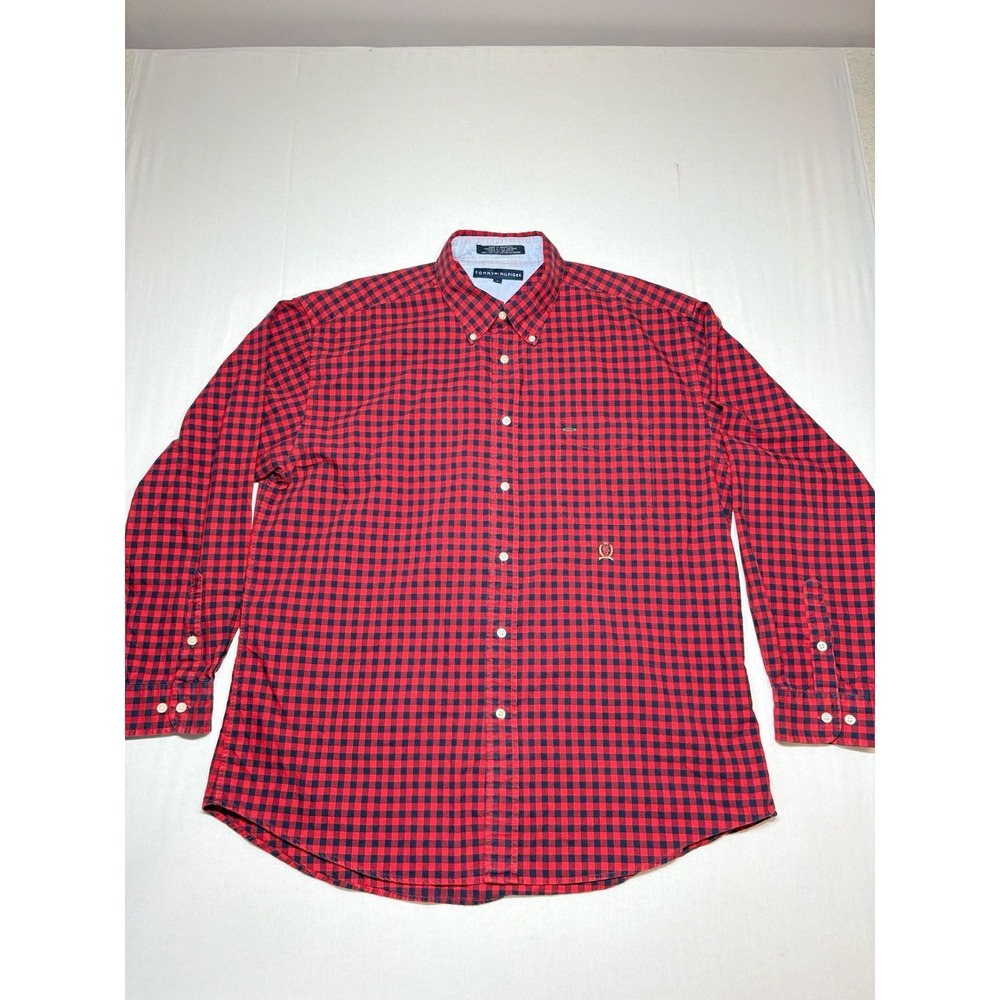 Tommy Hilfiger Mens XL Red Navy Blue Gingham Plaid Button Down Cotton Shirt